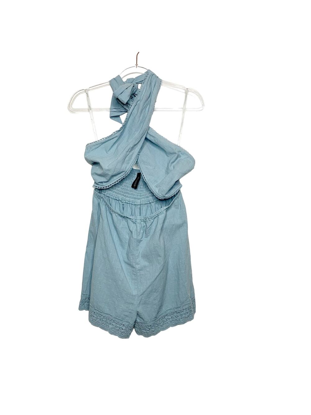 MINKPINK Cross Wrap Tie Backless Halter Romper Linen Blend Chambray Blue Size S